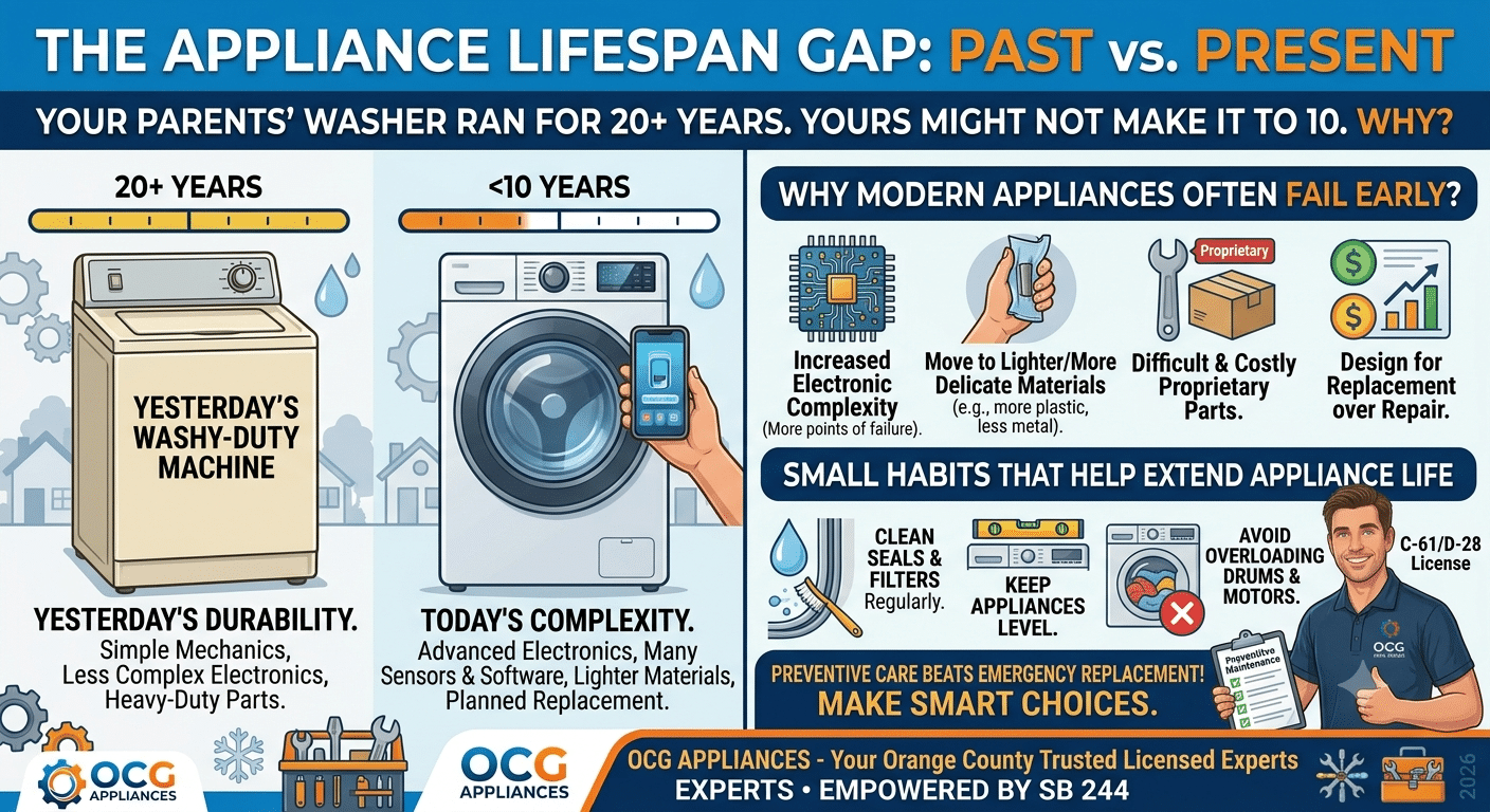 It's not your imagination — today's appliances often don't last as long as older models. Here's why, and practical steps Orange County homeowners can take.